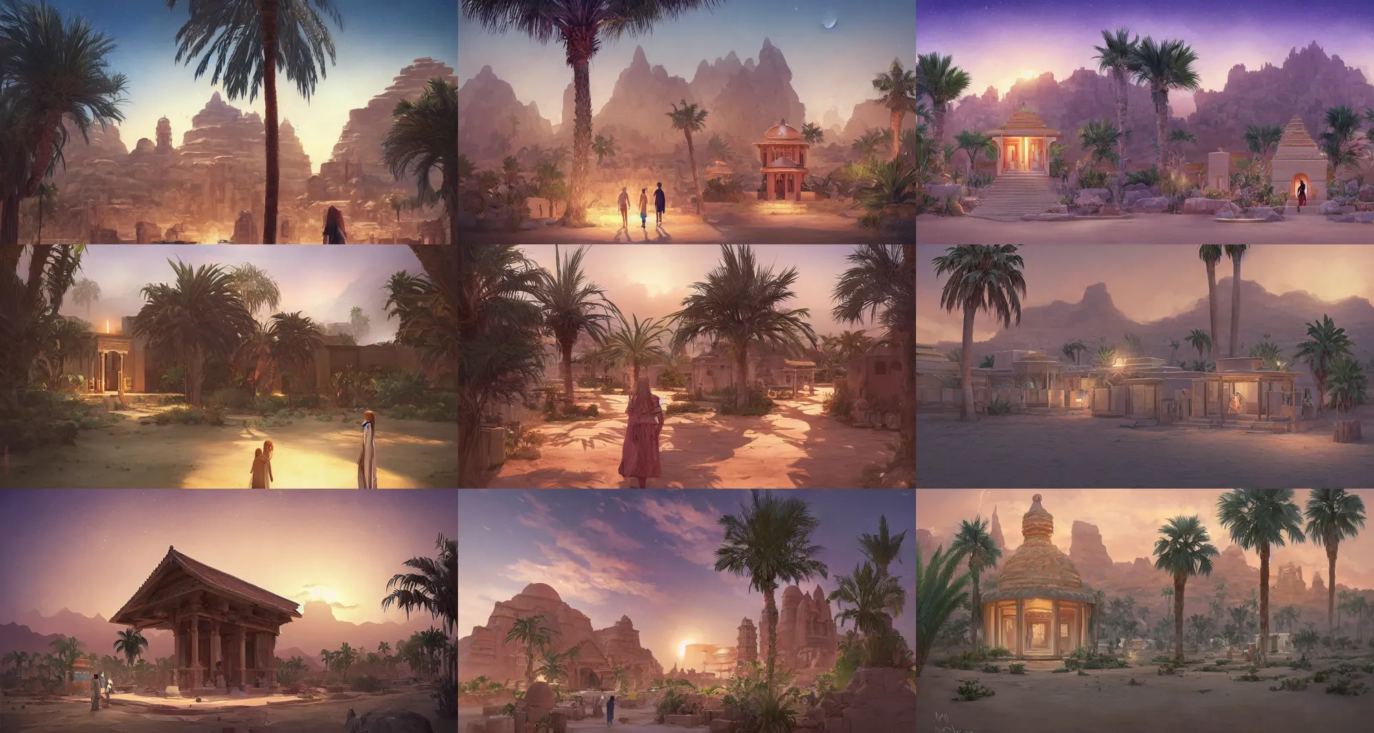 Prompt: Desert City, Small houses, large temples, a small oasis, a small palm trees; night; digital painting, concept art, smooth, sharp focus, illustration, single character full body, rule of thirds, from Horizon: Zero Down, by Mandy Jurgens and Artgerm