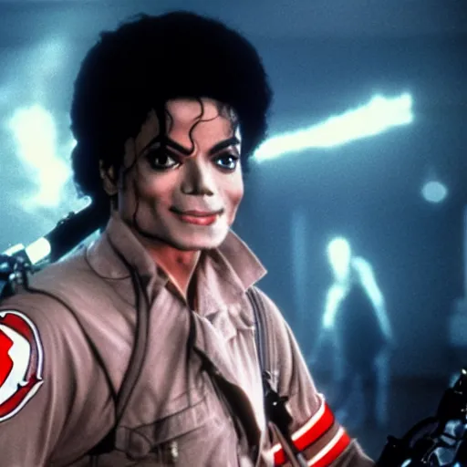 Image similar to stunning awe inspiring michael jackson with a highly detailed face as a ghostbuster in the movie ghostbusters, movie still 8 k hdr atmospheric lighting