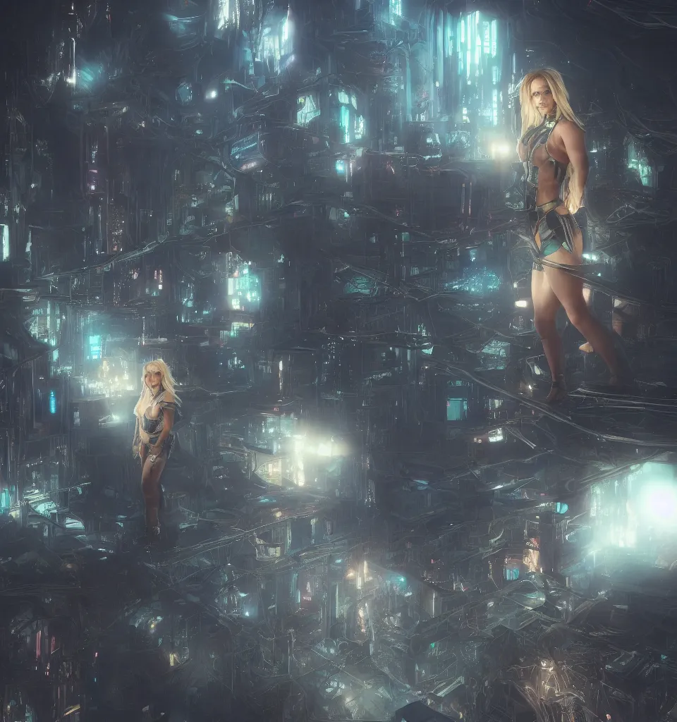 Image similar to britney spears, cinematic, highly detailed, octane render, cg, rich cinematic atmosphere, perfect digital art, , Mystical, cyberpunk, sci-fi, surreal, glowing lights, sharp focus, high detailed, by Akihiko Yoshida, michael whelan and Karol Bak