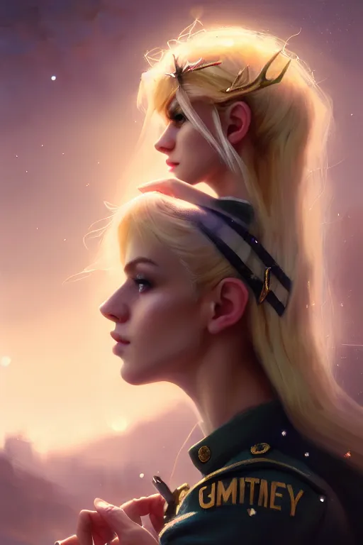 Image similar to cinematic shot of an epic portrait of a cute blonde fairy dressed in military clothes, stylised military clothes, shiny skin, beautiful eyes, beautiful, small details, night setting, realistic poster with volumetric light from craig mallism, artgerm, jeremy lipkin and michael garmash, unreal engine, radiant light, digital art, trends at art station, a masterpiece