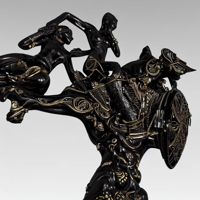 Image similar to fine art statue of masculine black egyptian god on a surrealist motorbike, ebony art deco, carved black marble, inlaid with ebony and gold accents, ebony rococo, wings black lace wear, sculpted by spider zero, zaha hadid, beautifully lit, hyper detailed, intricate, elite, ornate, photorealistic, micro details, 3 d sculpture, ray trace