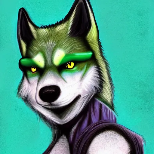 Image similar to Beautiful portrait digital painting of an anthro anthropomorphic pastel-green wolf, Punk outfit.