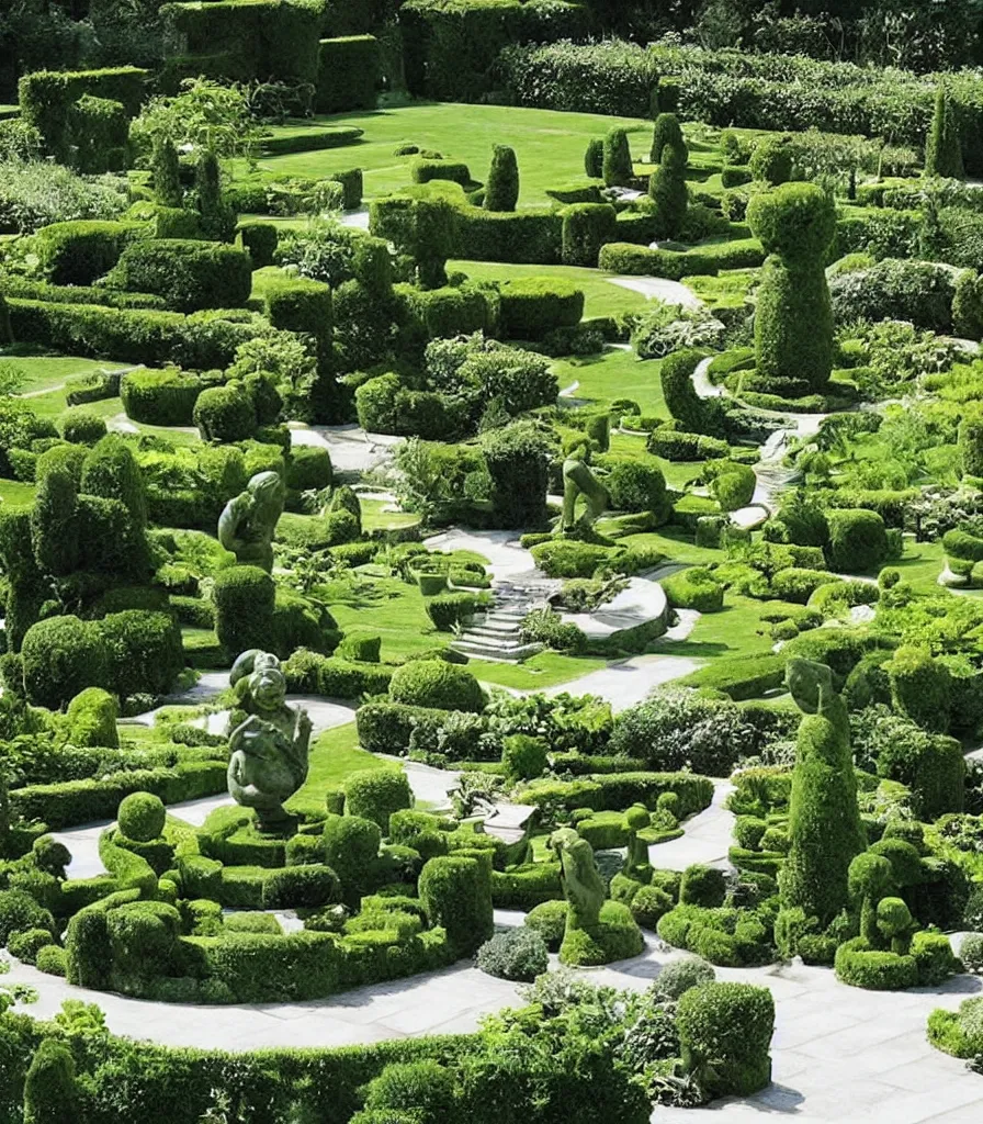 Image similar to a villa garden with a sculpture, garden landscape, symmetrical landscape and architectural design ， by gertrude jekyll and ieoh ming pei ， trending ，