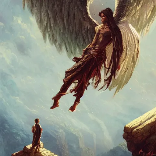 Image similar to angel protecting man falling from a cliff, detailed intricate ink illustration, happy atmosphere, detailed illustration, hd, 4k, digital art, overdetailed art, by greg rutkowski, by loish, complementing colors, Trending on artstation, movie poster style