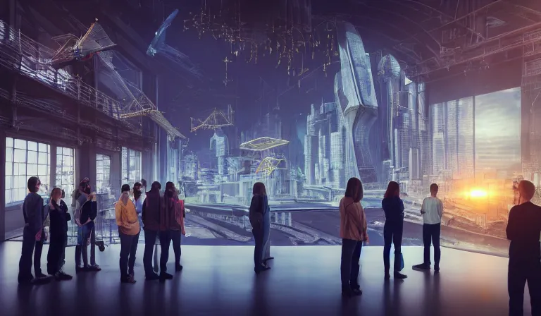 Image similar to group of people in simple warehouse, looking at hologram of futuristic city on a table, cinematic concept art, godrays, golden hour, natural sunlight, 4 k, clear details, tabletop model buildings, center model buildings, hologram center, crane shot, crane shot, crane shot