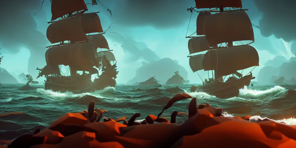 Prompt: sea of thieves screenshot, kraken, dark, storm, unreal engine, digital art