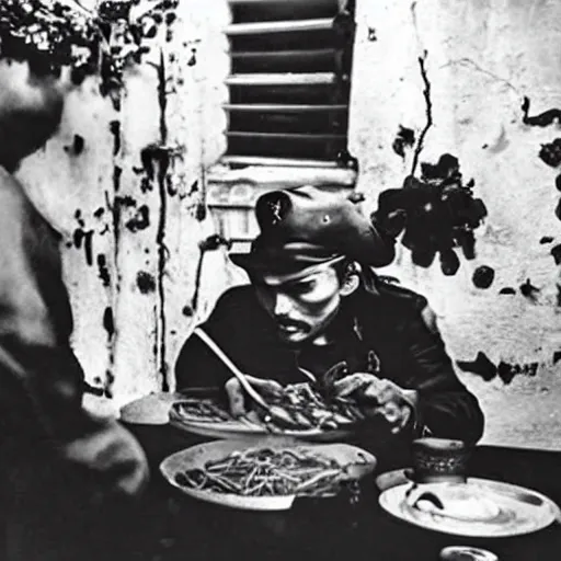 Image similar to johnny depp world war 2 photograph eating spaghetti