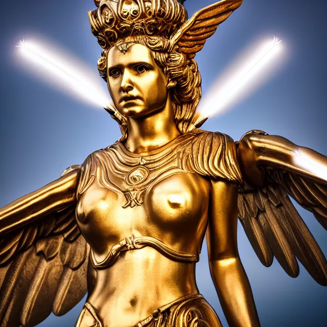 Prompt: photo of a winged valkyrie queen with light powers, highly detailed, 4 k, hdr, smooth, sharp focus, high resolution, award - winning photo