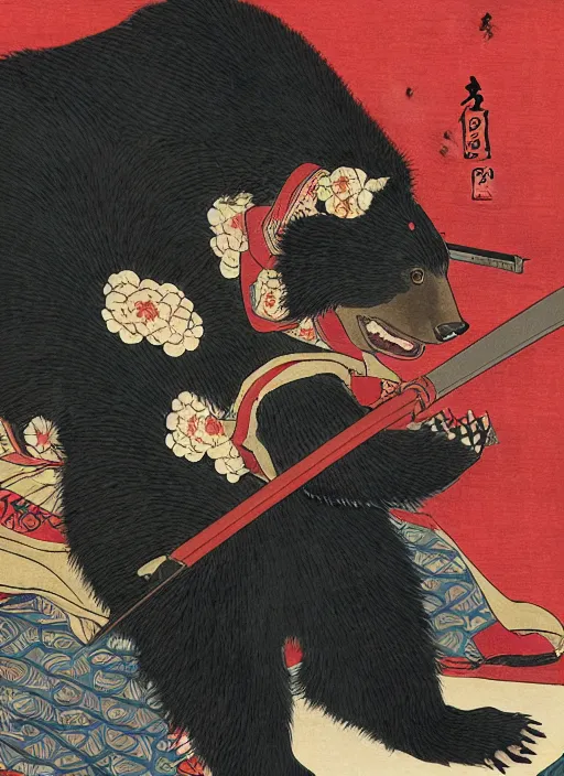 Image similar to a full body ukiyo-e portrait of a fully armored samurai Asian black bear, playing with a young Japanese girl in a kimono, a cat at the bottom, intricate, elegant, highly detailed, digital painting, artstation, concept art, smooth, sharp focus, illustration, art by Andō Hiroshige