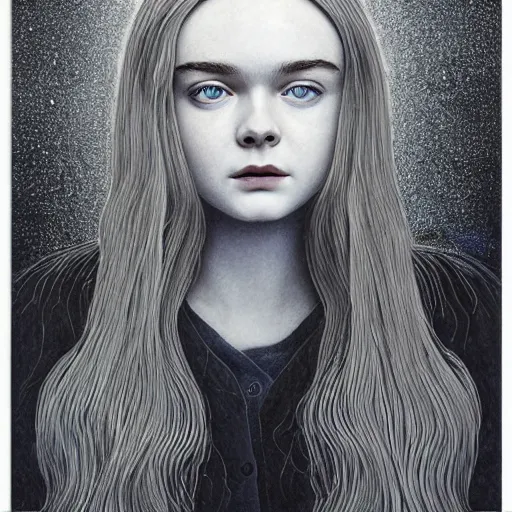 Prompt: professional painting of Elle Fanning in the style of Rob Gonsalves, head and shoulders portrait, symmetrical facial features, smooth, sharp focus, illustration, intricate, stormy weather, extremely detailed masterpiece,