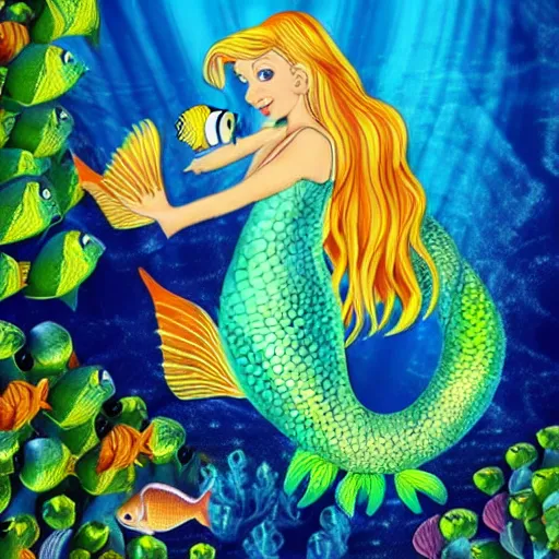 Image similar to beautiful blonde female mermaid riding colorful seahorse underwater surrounded by fish