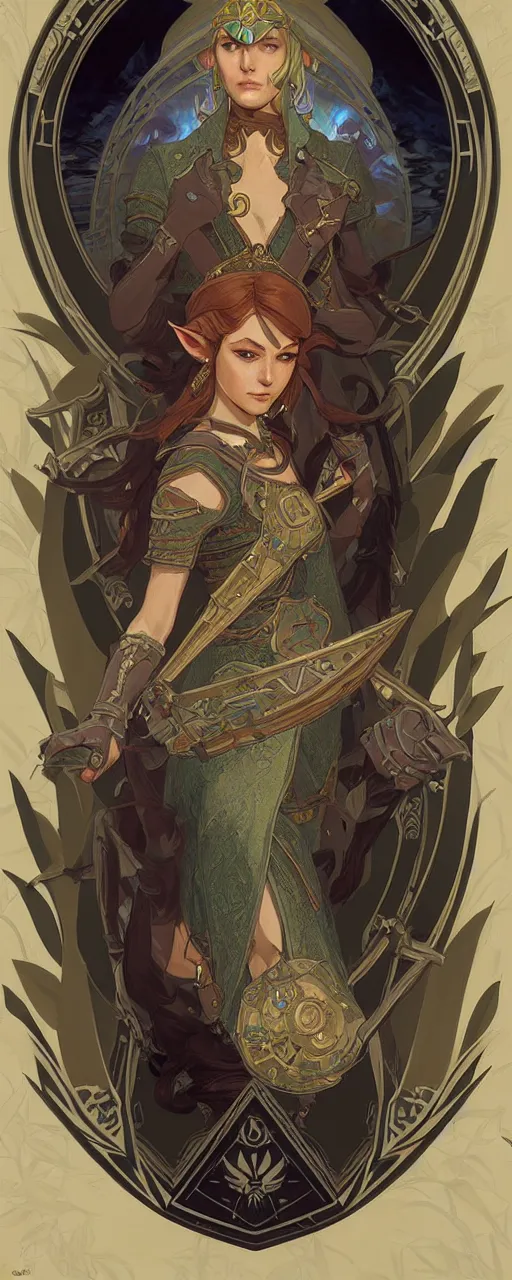 Image similar to legend of Zelda art nouveau, D&D, fantasy, intricate, elegant, highly detailed, digital painting, artstation, concept art, matte, sharp focus, illustration, hearthstone, art by Artgerm and Greg Rutkowski and Alphonse Mucha