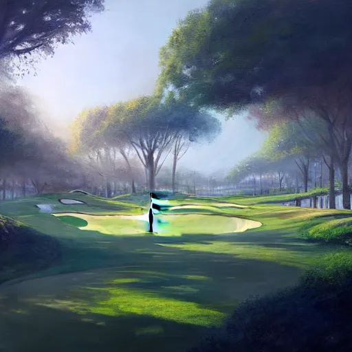 Prompt: Concept art, beautiful painting of a golf course in the midst of metropolis city, green spaces, 8k, Jeremy Cheung, greg rutkowski, artstation