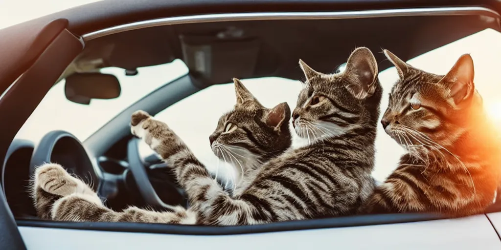 Image similar to side view of convertible, cat homies chilling in car, paws on steering wheel, golden hour, clear sky