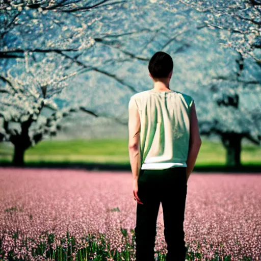 Image similar to kodak portra 4 0 0 photograph of a skinny blonde guy standing in field of cherry blossom trees, back view, flower crown, moody lighting, telephoto, 9 0 s vibe, blurry background, vaporwave colors, faded!,