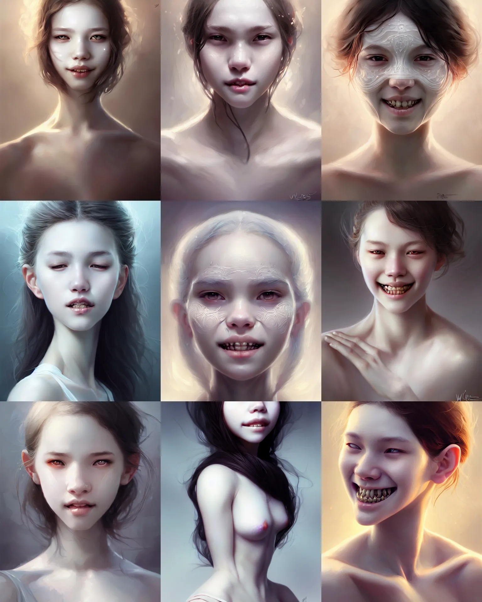 Prompt: a girl with white skin without eyes who smiles and has many teeth intricate, elegant pose, sharp focus, illustration, highly detailed, digital painting, concept art, art by wlop and artgerm and ross tran, masterpiece,