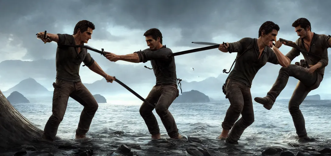 Prompt: hyperrealistic film still of two men rafe from uncharted 4 fighting nathan drake swordfighting using a cucumber, shipwreck background, cucumber weapons, vegetable, stunning 3 d render, inspired by istvan sandorfi & greg rutkowski & unreal engine, perfect symmetry, dim volumetric cinematic lighting, 8 k octane comprehensive render, intricate, real flesh texture, masterpiece, artstation, stunning