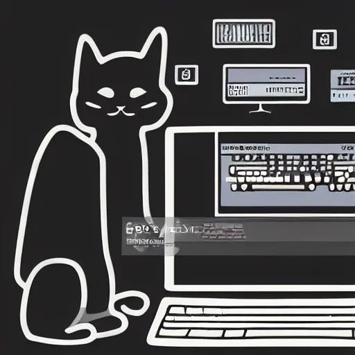 Image similar to a black cat programming in a computer. cartoon. high quality. high fidelity. unsplash. devianart.