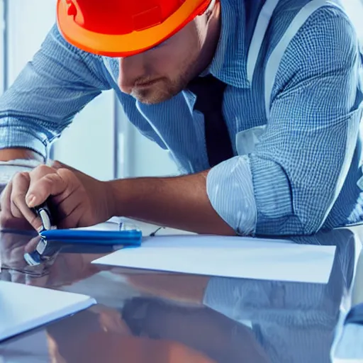 Image similar to a worker with a hard hat and reflective vest writing in a notepad holding a calculator vector, 3 d, realistic