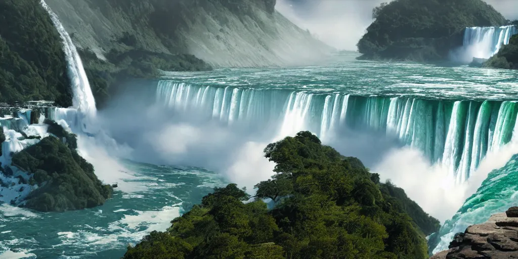 Prompt: peacock flying over a cascade of multiple gigantic niagara falls in the himalaya, epic mountains, dawn, sunrise colors, fantasy illustration, matte painting, concept art, low angle shot, volumetric lighting, volumetric atmosphere, morning mist, art by james gurney, unreal engine 5, 8 k