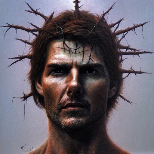 Prompt: portrait of Tom Cruise as demonic Jesus Christ in hood and crown of thorns, three quarter view, dark fantasy, Warhammer, artstation painted by Zdislav Beksinski and Wayne Barlowe