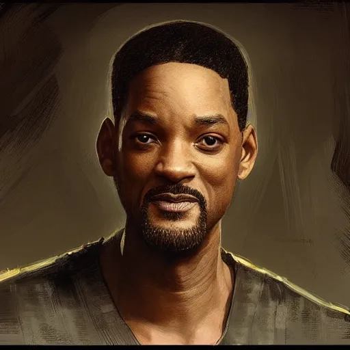 Prompt: “Portrait of Will Smith by Greg Rutkowski, young, manly, attractive, strong, older brother vibes, highly detailed portrait, scifi, digital painting, artstation, concept art, smooth, sharp foccus ilustration, Artstation HQ”