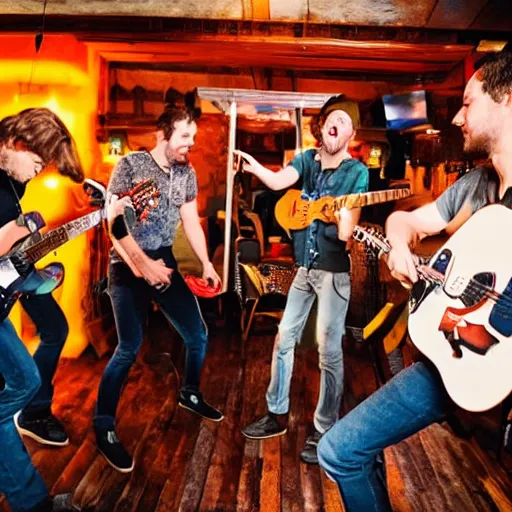 Prompt: nine people in a bar fighting with their guitars