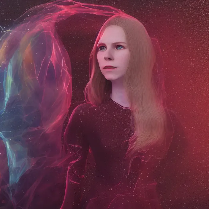 Image similar to 3D Render of Erin Moriarty as Wanda Maximoff, Full Shot, in the style of Futurism, Ethereal, Trending On /R/Art