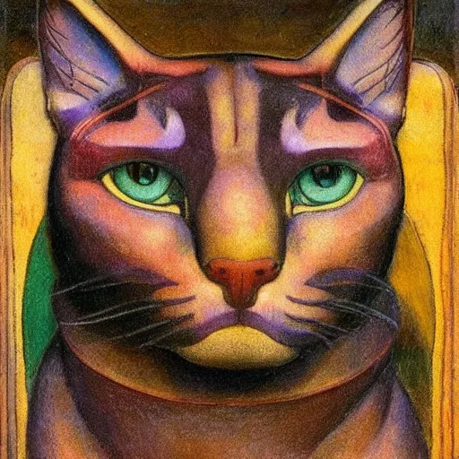 Image similar to cloisonne cat head sculpture, by annie swynnerton and diego rivera and nicholas roerich and jean delville, symbolist, dramatic lighting, god rays, art brut, rich colors, smooth, sharp focus, extremely detailed, adolf wolfli and ( donato giancola and bilibin )