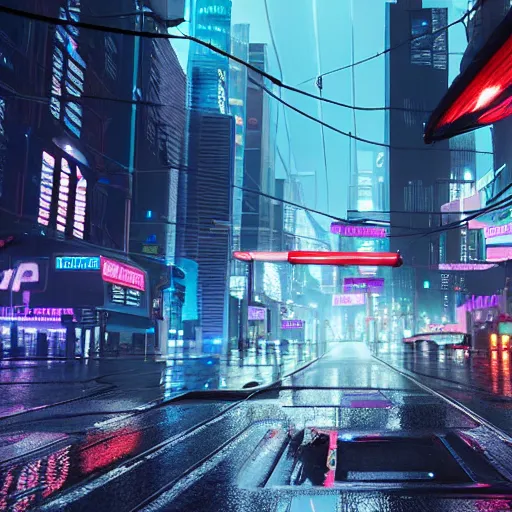 Image similar to cyberpunk street with flying cars, night, rain, rain puddles, realistic, high details, 4k