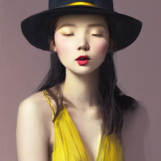 Prompt: a girl wearing a red fedora hat singing in a studio, sitting on a stool, extremely detailed digital painting, in the style of fenghua zhong and ruan jia and jeremy lipking and peter mohrbacher, predominant colors are black and yellow, rim light, beautiful lighting, 8 k, raytracing, octane, trending on artstation