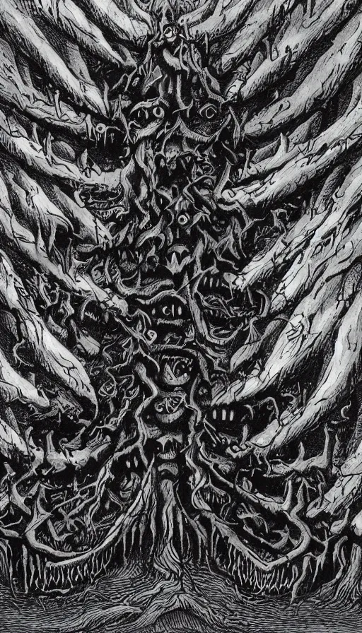 Image similar to a storm vortex made of many demonic eyes and teeth over a forest, by h. p. lovecraft