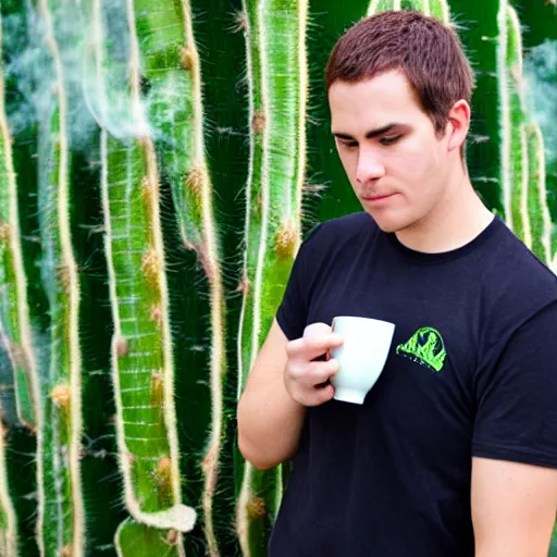 Image similar to spartan drinking tea with trichocereus background and smoke haze, photo