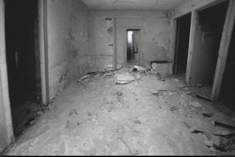 Image similar to 1 9 9 0 s security cam found footage of an abandoned soviet town with a male humanoid shadow monster, liminal space, backrooms, scp, film grain, rundown, eerie, dark lighting, 3 5 mm, realistic, photograph