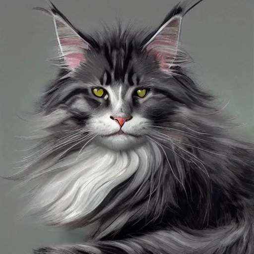 Image similar to a big magnificent dark gray maine coon mix cat with white belly, white paws and white face markings with long fur and fluffy tail, sitting, intricate, elegant, highly detailed, digital painting, artstation, concept art, matte, sharp focus, illustration, art by Artgerm and Greg Rutkowski and Alphonse Mucha