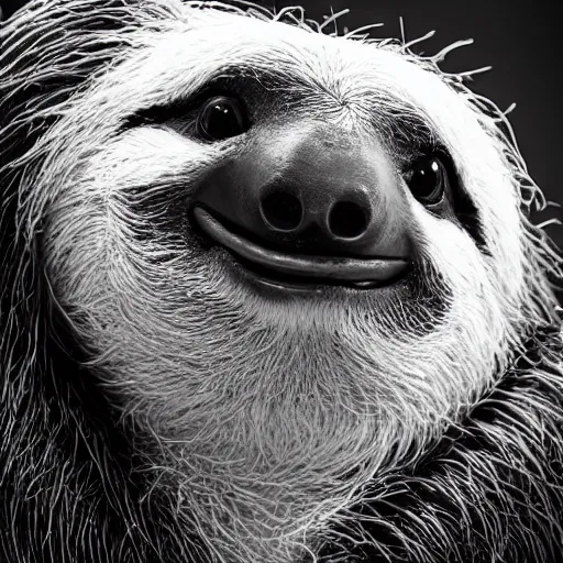 Image similar to black and white studio portrait photo of a cute sloth