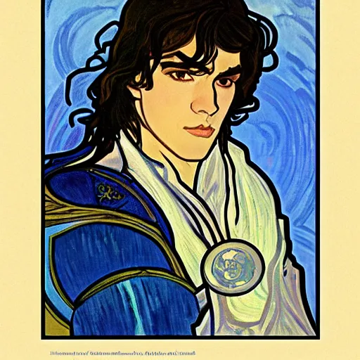 Image similar to painting of young handsome beautiful paladin elf!! man with long! wavy dark hair in his 2 0 s named shadow taehyung minjun at the blueberry party, wearing armor!, elegant, clear, painting, stylized, delicate, soft facial features, art, art by alphonse mucha, vincent van gogh, egon schiele,