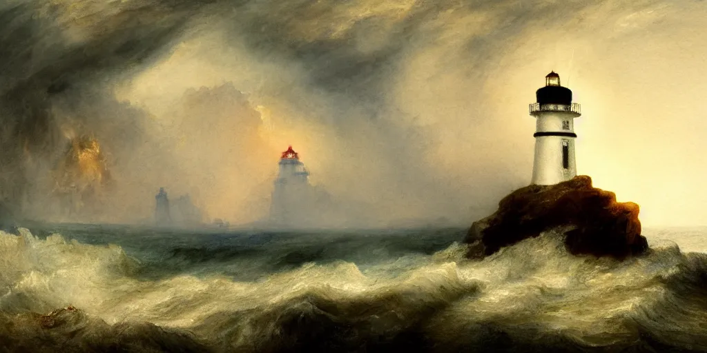 Image similar to a watercolor painting of a single lighthouse in a small rocky island during a violent storm by william turner, high quality, highly detailed, digital painting, masterpiece, turbulent sea, dramatic lighting, cinematic, centered, watercolor, william turner style, 4 k