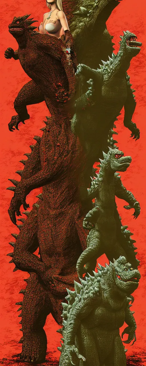 Image similar to adam and eve versus godzilla, red dead redemption illustration art style, smooth painting, each individual seeds have ultra high detailed, 4 k, illustration, torn cosmo magazine style, concept art, pop art style, ultra realistic, underrated, by mike swiderek, jorge lacera, ben lo, tyler west