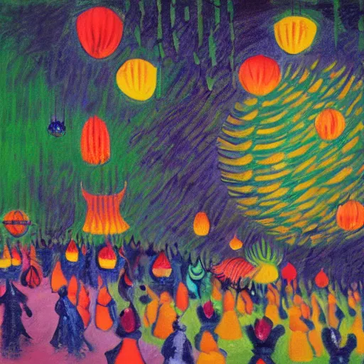 Image similar to painting of cats and caterpillars at a carnival at night watching colorful paper lanterns, in the style of claude monet and eyvind earle