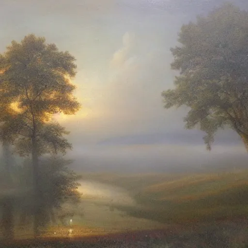 Prompt: an impressive 1 8 0 0 s romanticism - inspired oil painting of a foggy tree line at dawn inspired by liberty leading the people