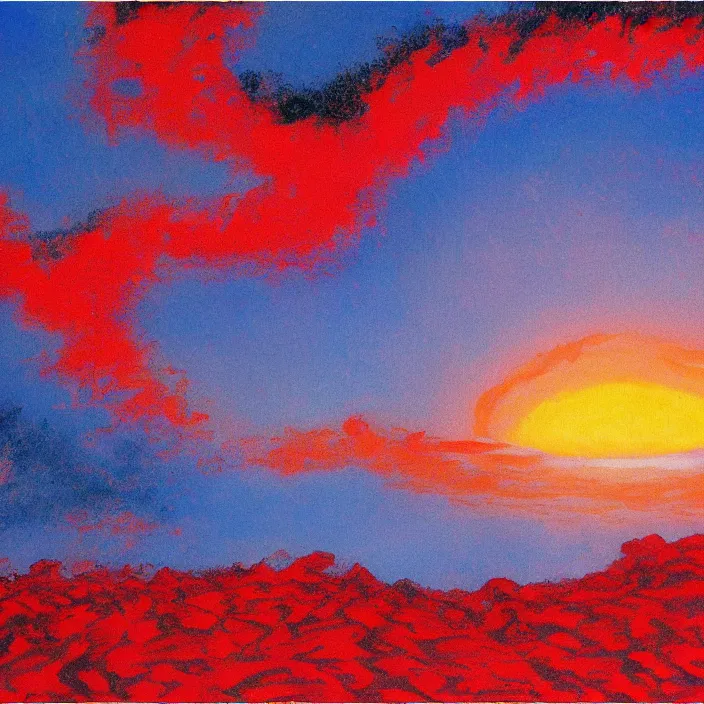 Image similar to a alien planet with a red ocean and blue sand and rocks at sunrise, bob ross painting, high coherence, highly detailed, high quality, masterpiece, award - winner, hyperrealistic