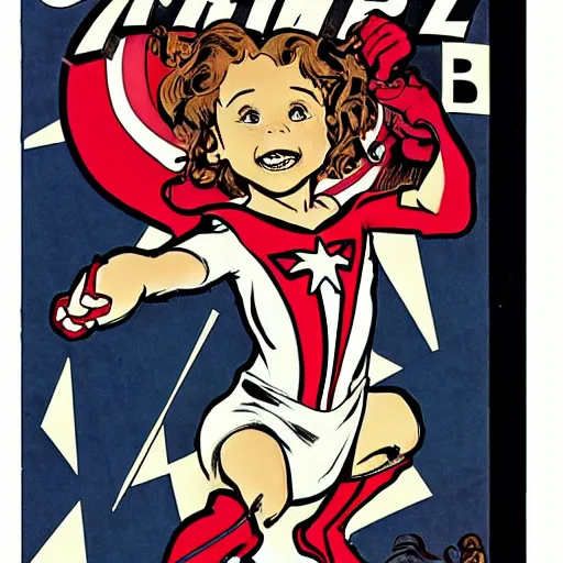 Prompt: a little girl with a mischievous face and light brown curly wavy hair. she is dressed as captain america, spider - man, batman, captain marvel, a superhero. well composed, clean elegant comic book art, beautiful detailed face. by steve ditko and jack kirby and alphonse mucha