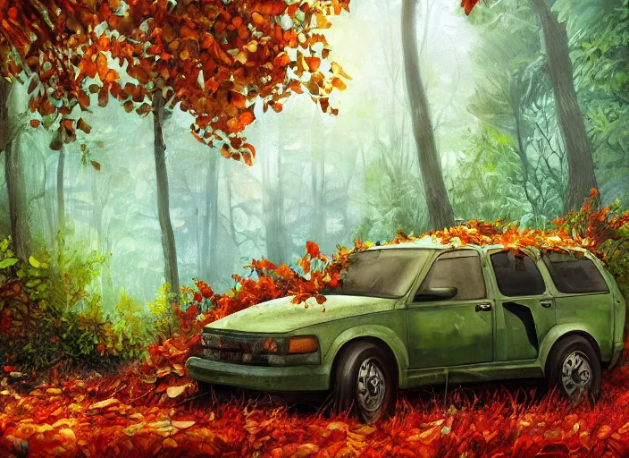 Image similar to A painting of an overgrown car in a forest, vines coming down from the tall trees, autumn, rocky ground, digital art, trending on Artstation, immaculate scale, amazing composition, cartoon illustration