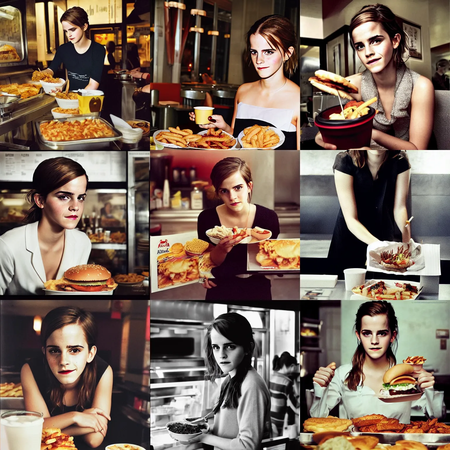Prompt: emma watson serving food at mcdonald's, portrait photography by annie leibovitz