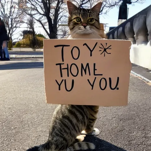 Image similar to a tabby cat holding a sign that says thank you!