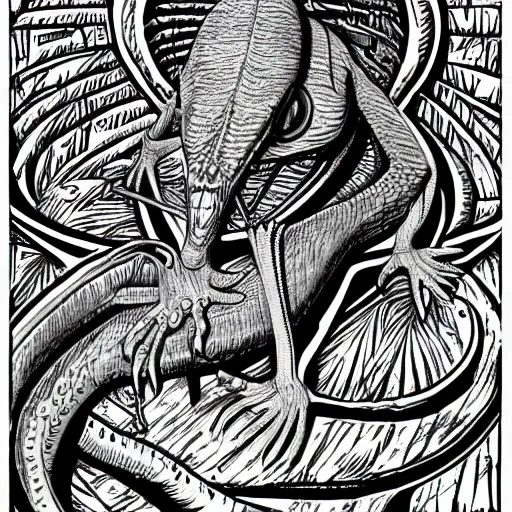 Image similar to lizard flamingo hybrid, muppet punk, basil wolverton style, hr giger style, disney style