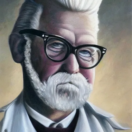 Image similar to an ultra - realistic portrait painting of colonel sanders in the style of frank frazetta. 4 k. ultra - realistic. highly detailed. dark fantasy. epic lighting.