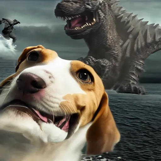 Image similar to gigantic 1 0 0 meters beagle fighting with godzilla over the sea, epic cinematic, 4 k, very high detail