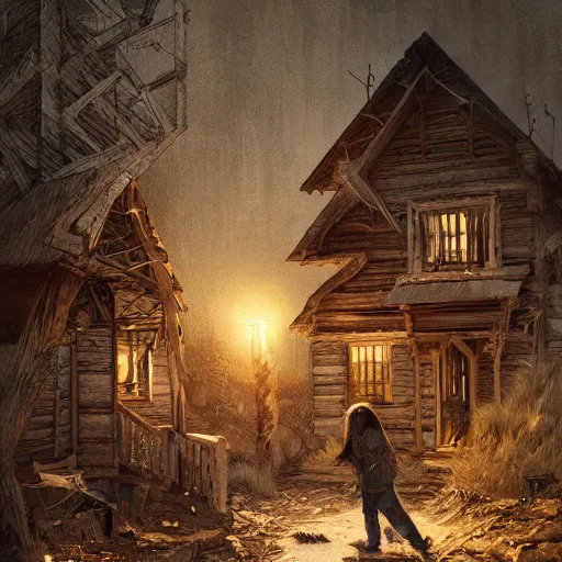 Image similar to two husbands leave each other inside broken wooden house, detailed intricate ink illustration, dark atmosphere, detailed illustration, hd, 4k, digital art, overdetailed art, concept art, by greg rutkowski, by loish, complementing colors, Trending on artstation, deviantart